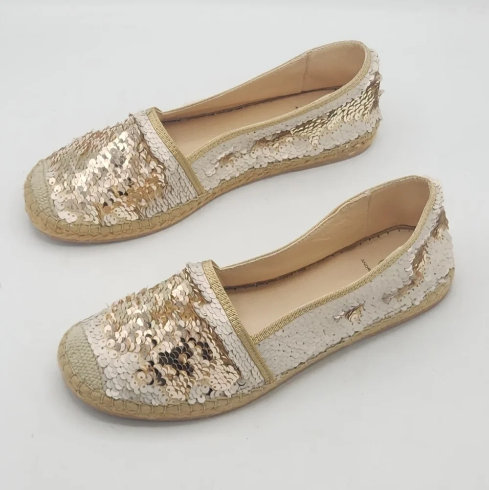 ANDREW STEVENS Chiara Leather Sequins Espadrilles Flats Gold And Cream 37 / 6.5